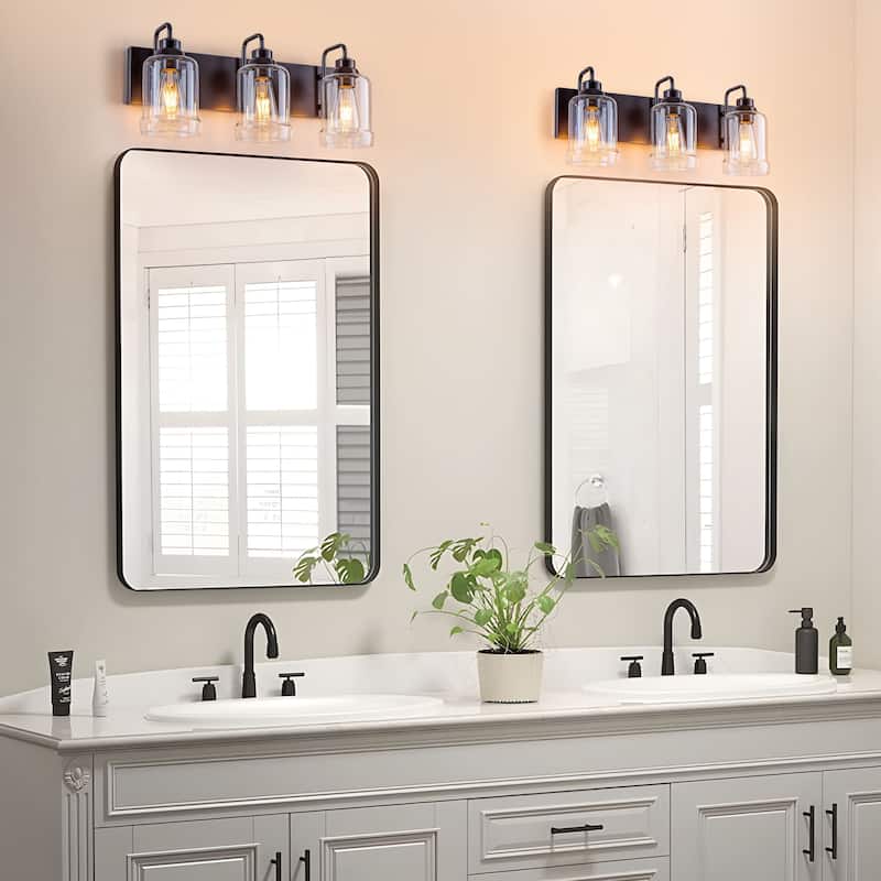 Starsky Modern Farmhouse 3‑Light Vanity Wall Light with Clear Decorative Glass Shades, E26 Bulb Base, Oil Rubbed Bronze Finish