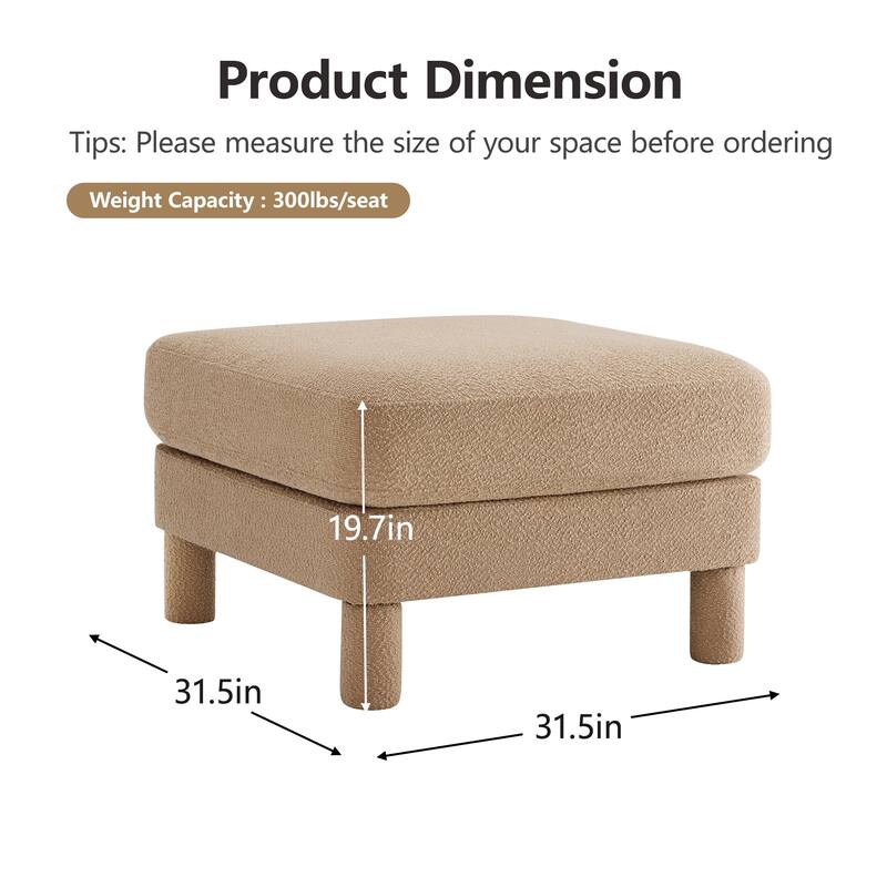 Boucle Fabric Ottoman with Wooden Legs Modern Living Room Accent