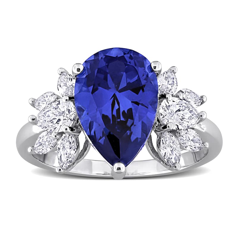 Miadora 4ct TGW Created Blue Sapphire 4/5ct TW Lab-Grown Diamond Ring 18k White Gold
