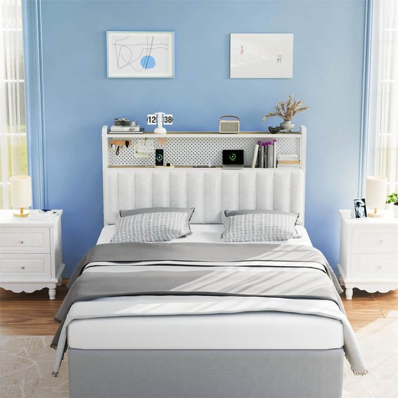 Adjustable Upholstered Headboard with 2 Tier Shelves with Charging Stations and LED Lights, Modern Bed Headboard with Storage