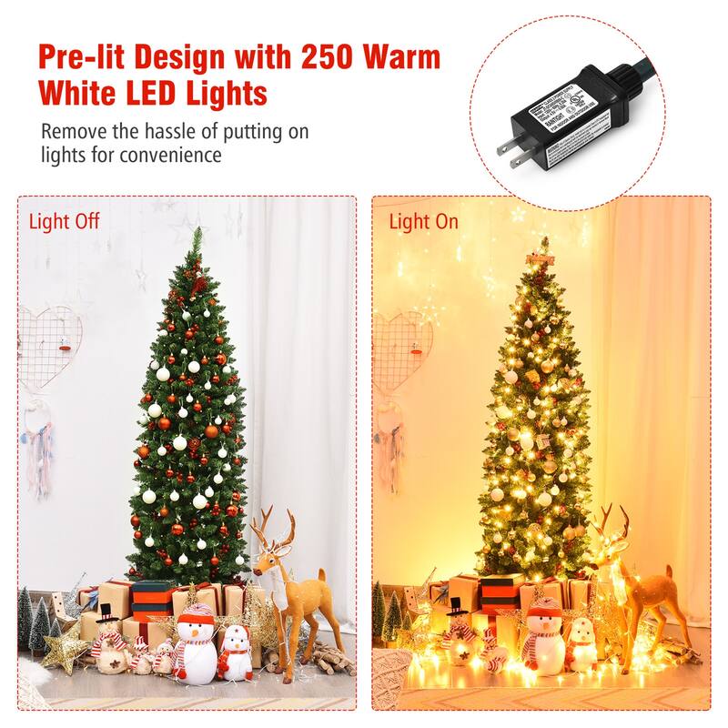 Gymax 6.5Ft Pre-Lit Pencil Christmas Tree Hinged Artificial Slim Tree - See Details