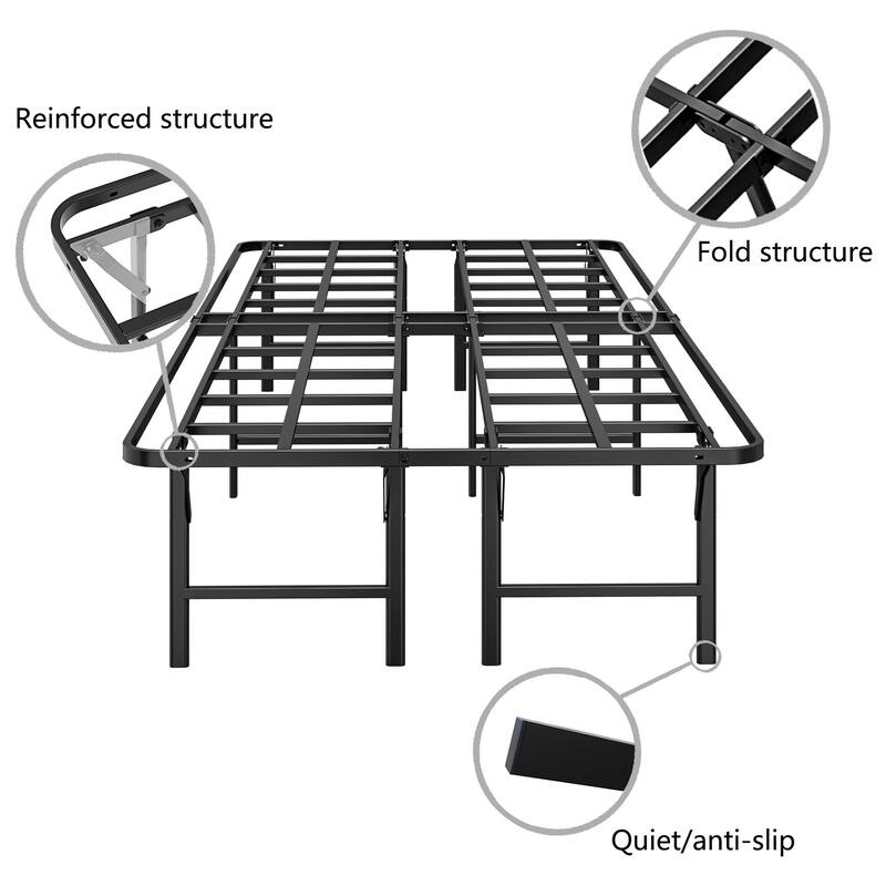 16 Inch Folding Platform Bed Frame, Black Metal Bed