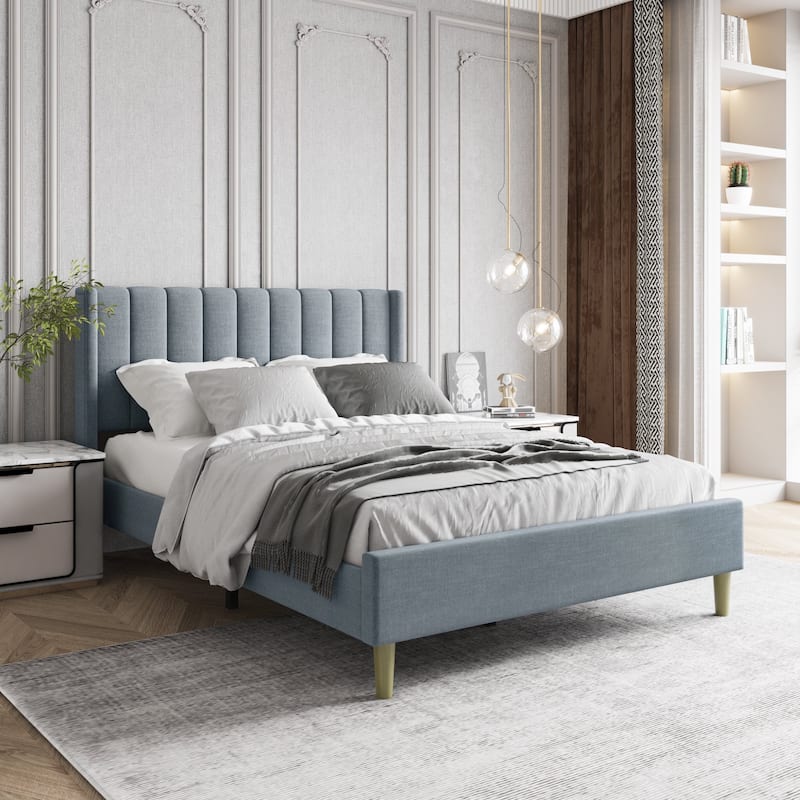 Aufank Bed Frame Upholstered Platform with Wooden Slats, Noise-Free - Light Grey - Full