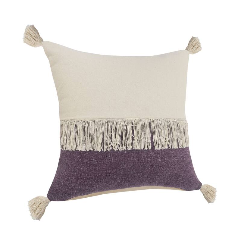 20" Purple and White Fringe Color Block Square Throw Pillow