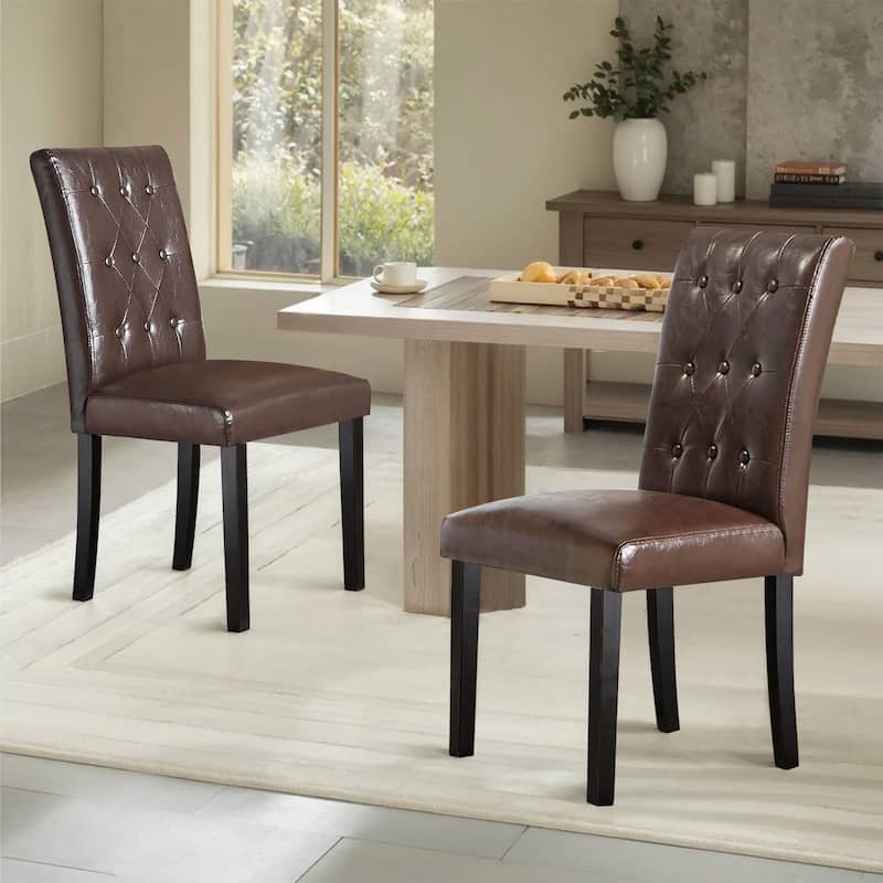 Tufted Dining Room Chairs Set of 2, Parsons Diner Chairs Upholstered Side Kitchen Chairs with Solid Wood Legs and Padded Seat - Brown - Set of 2