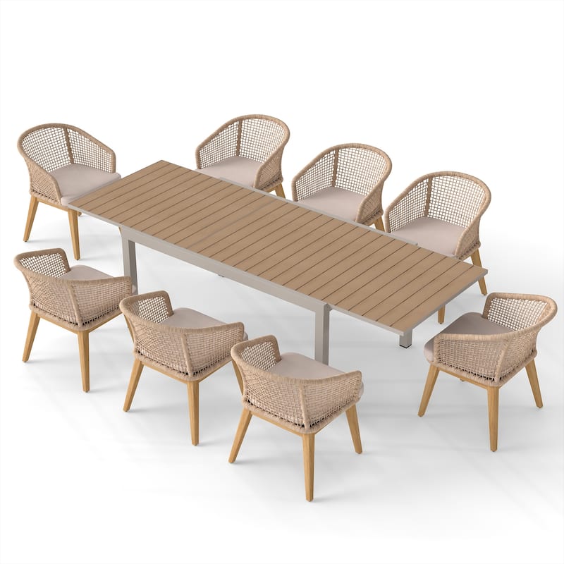 Extendable Outdoor Dining Set with Woven Rope Back Chairs with Cushions and All-Weather Aluminum Patio Table