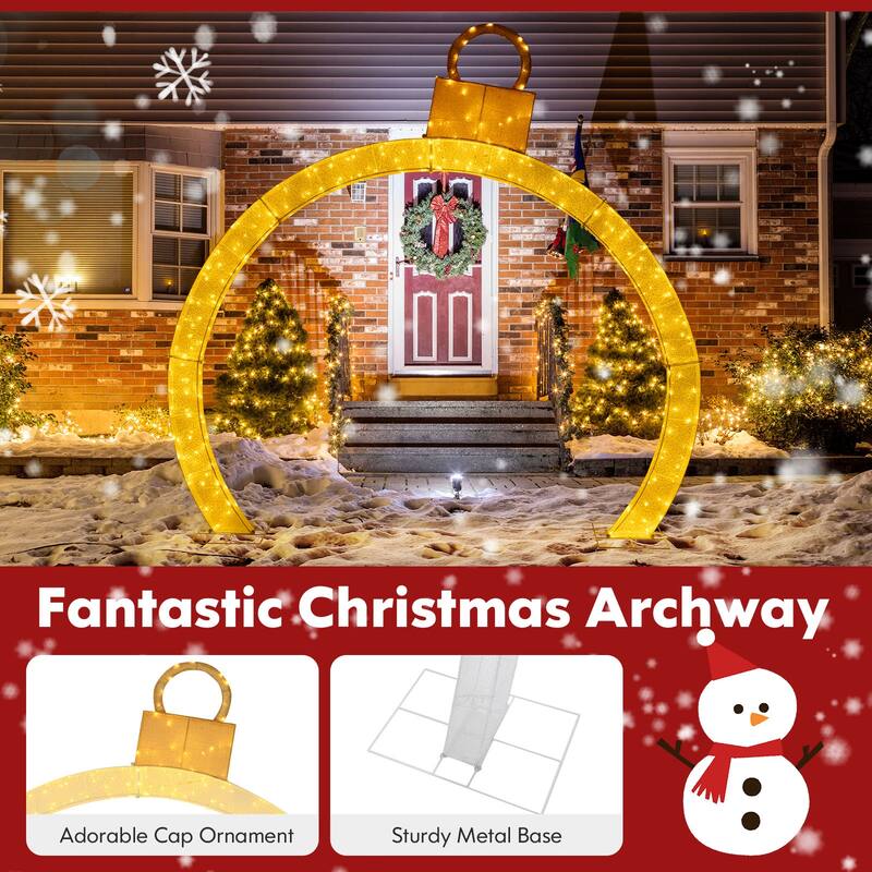 10.5 Feet Christmas Pre-Lit Arch with Gold Ornament Cap and 300 Warm White LED Lights - Warm White - 10.5 x 2 x 10.5 ft
