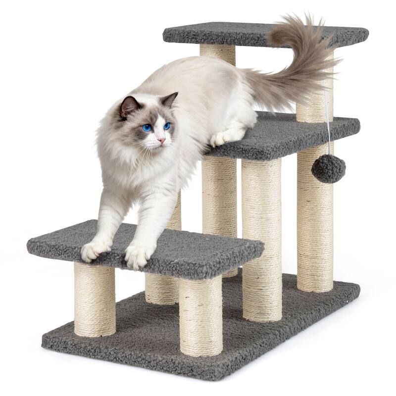 Gymax 2-in-1 Cat Tree Tower Pet Steps w/ Scratching Posts Hanging Toy - Grey