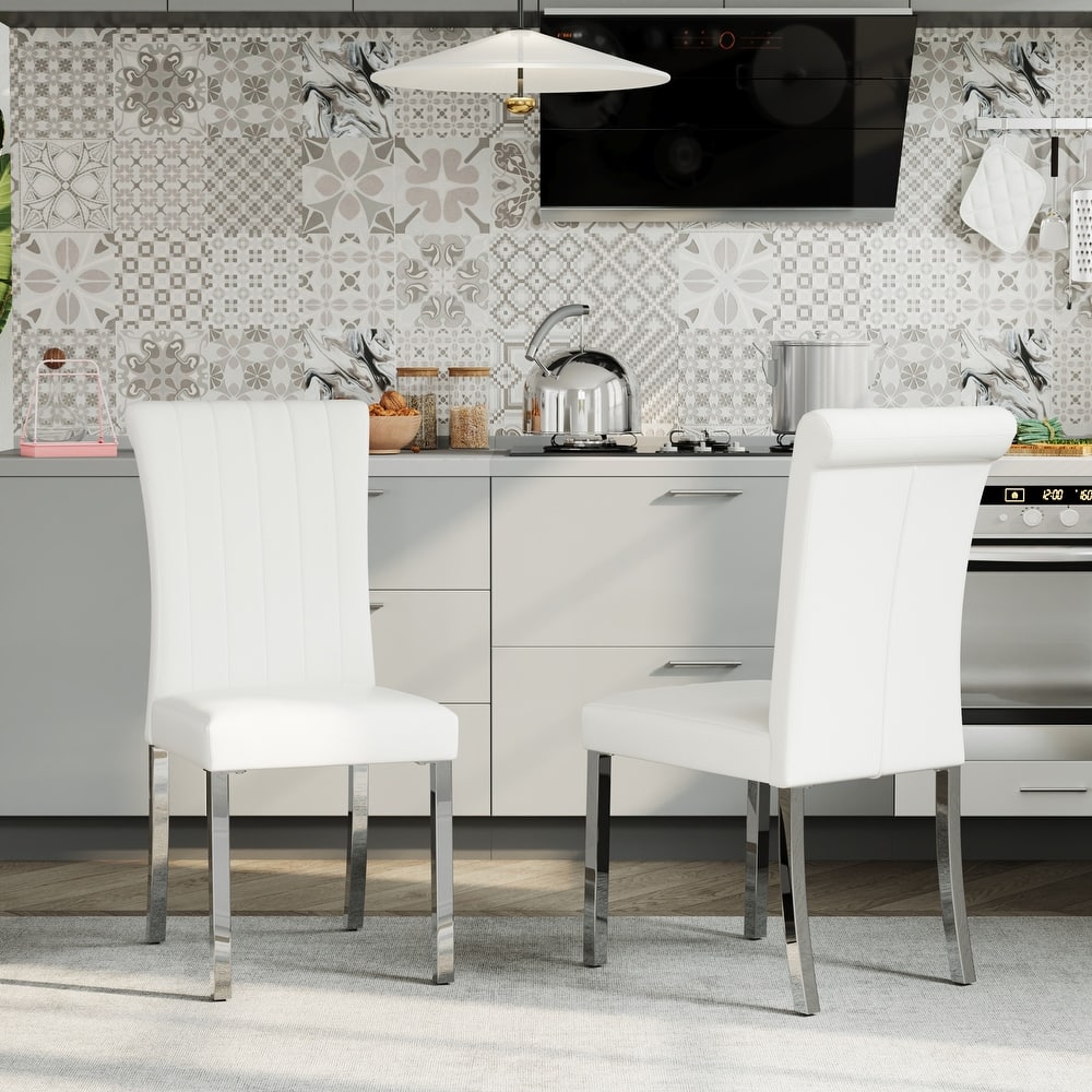 Luxury PU Leather Parsons Dining Chairs Side Chairs with Rolled Back and Stainless Steel Legs