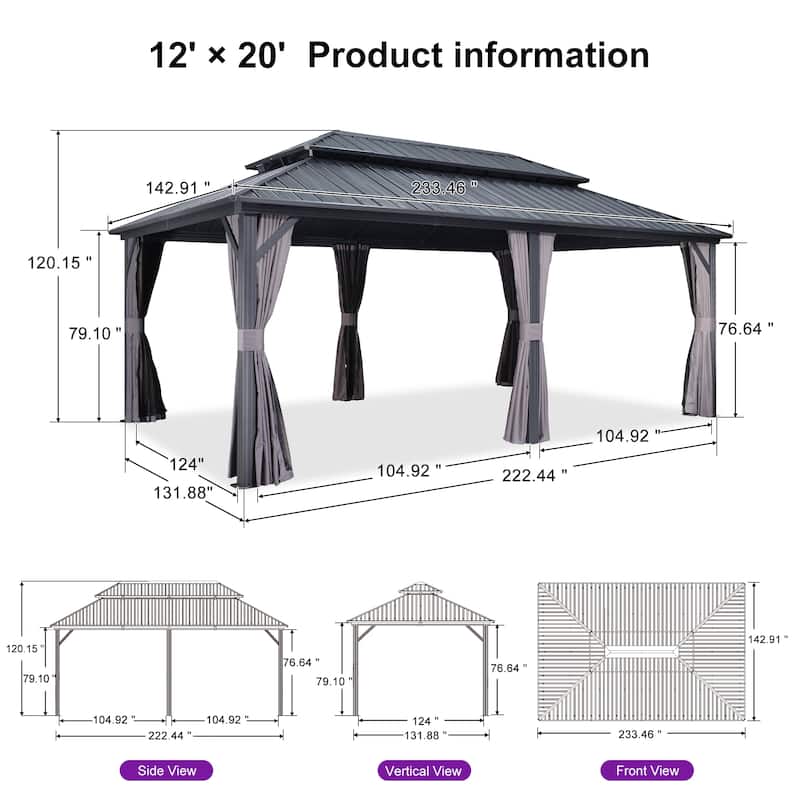 PURPLE LEAF Gazebo Outdoor Gazebo with Dual-Layer Galvanized Steel Double Roof Aluminum Gazebo with Netting and Curtains Grey