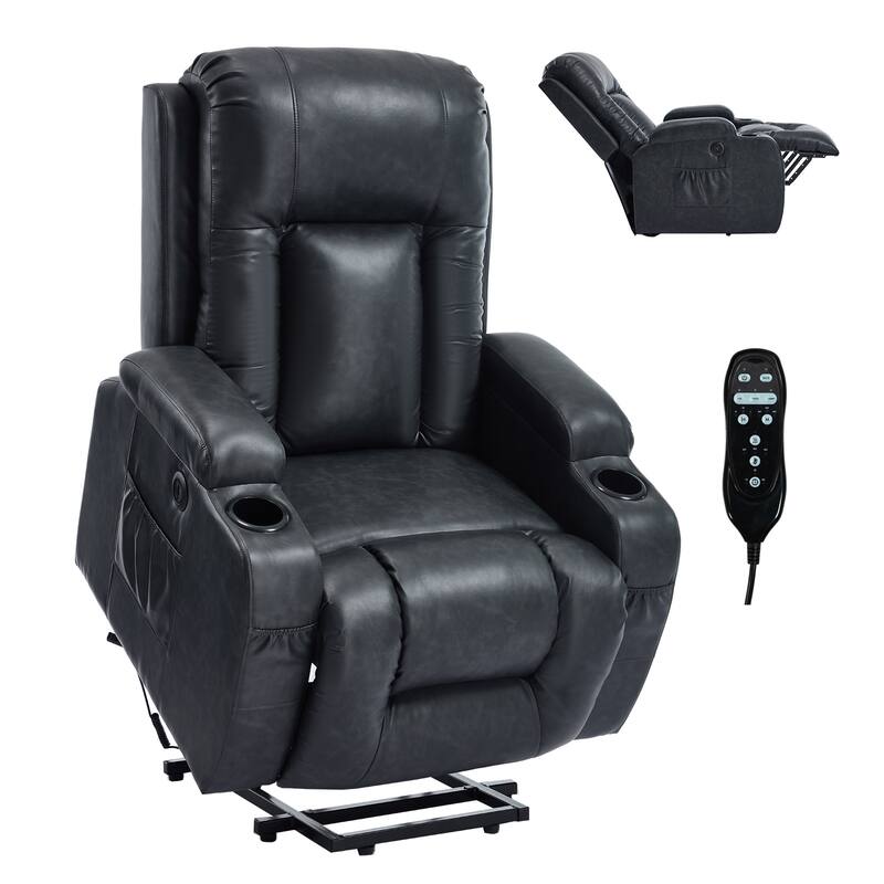 Roomfitters Heavy Duty Power Lift Recliner, PU Leather Massage Chair with Heat, USB Port and Dual Cup Holders