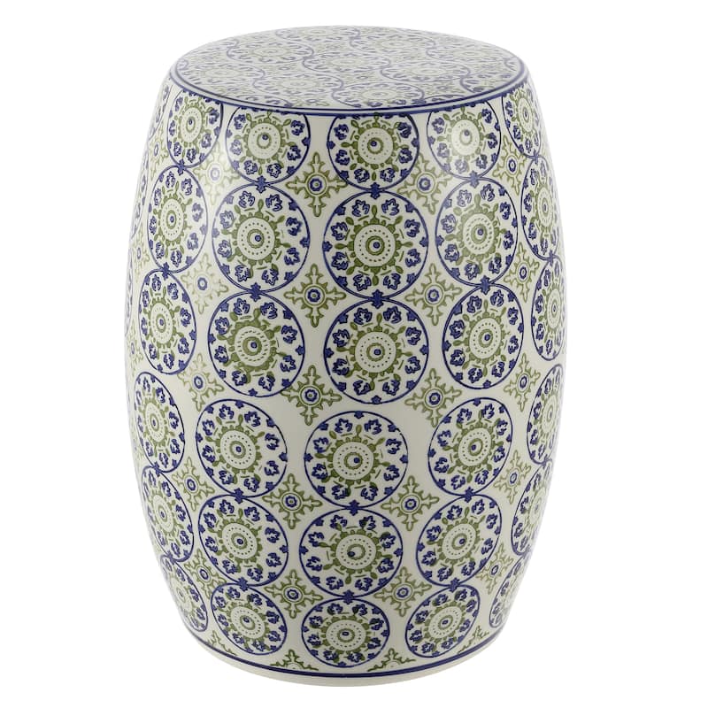 Chiara 17.25" Suzani Ceramic Garden Stool, Blue/Green, by JONATHAN Y - Ceramic - Blue/Green - Medium