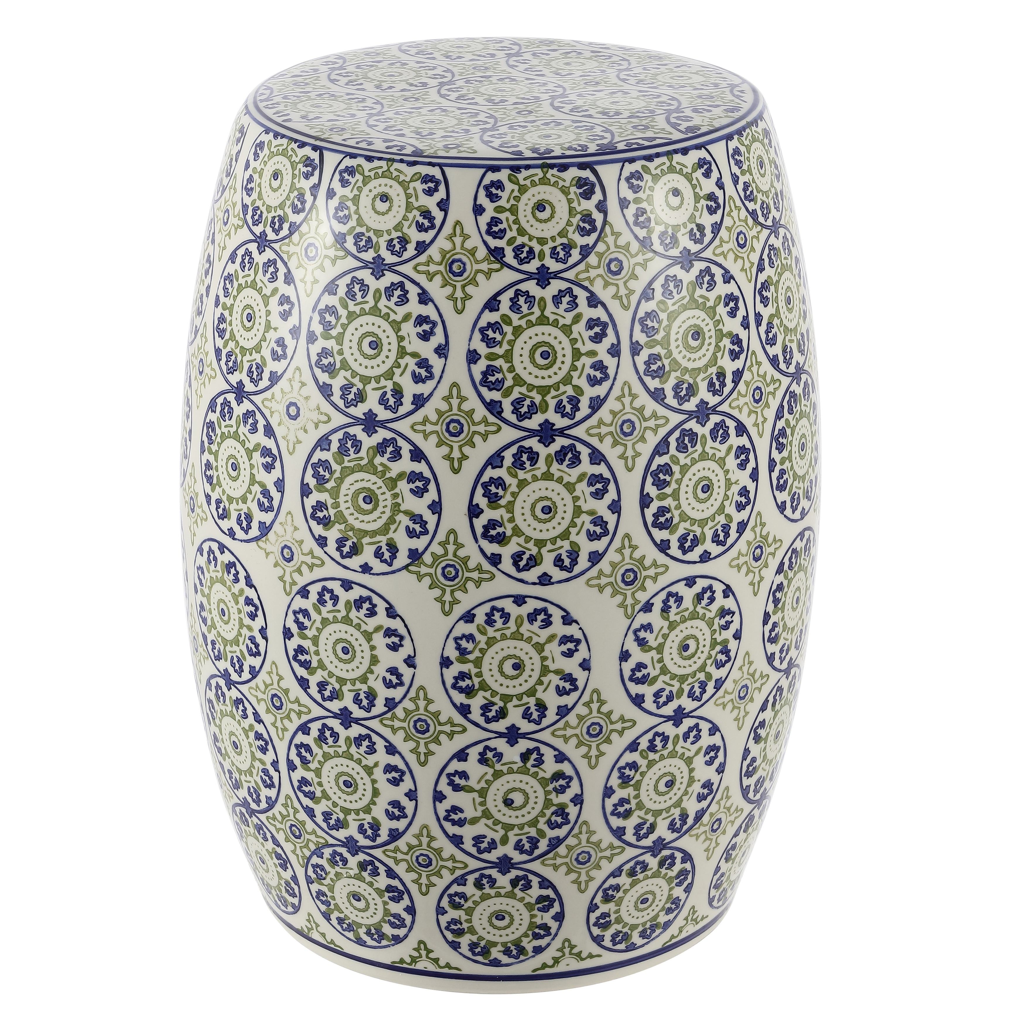 Lula Traditional Floral Chinoiserie Ceramic Drum Garden Stool, Pierced Indoor/Outdoor Patio Seat & Side Table