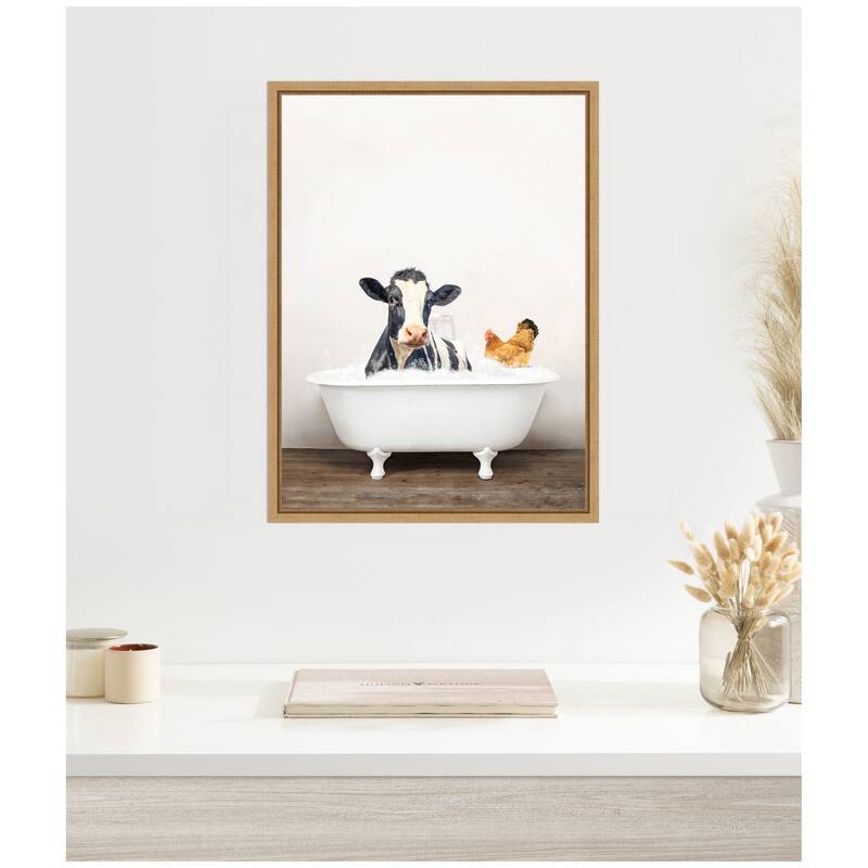 Kate and Laurel Sylvie Cow and Chicken in Rustic Bathtub Framed Canvas by Amy Peterson