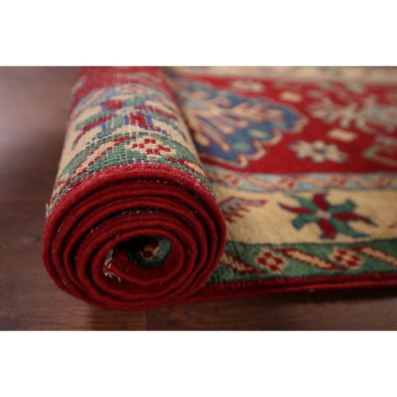 Geometric Red Kazak Oriental Runner Rug Handmade Wool Carpet - 2'6" x 16'0"