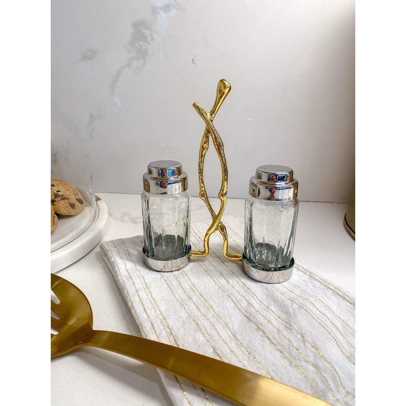 Glass Salt and Pepper Set with Gold Twig Design - 4"L x 2"W x 7.5"H - 4"L x 2"W x 7.5"H