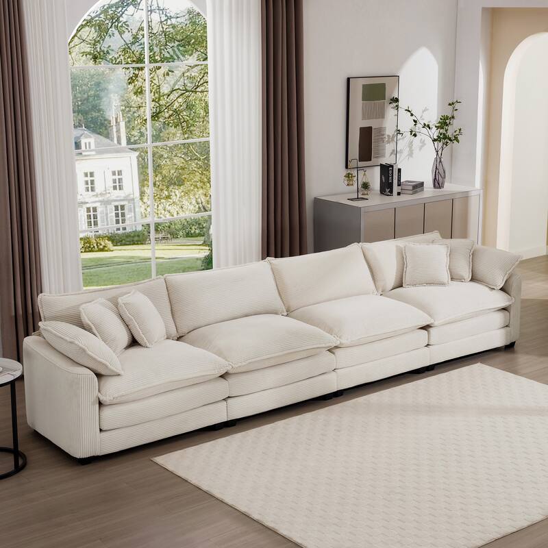 Beige 150" Corduroy Cloud Upholstered 4-seater Modular Sectional Sofa with 6 Pillows, Double Cushion Seat, Free Combination - Beige