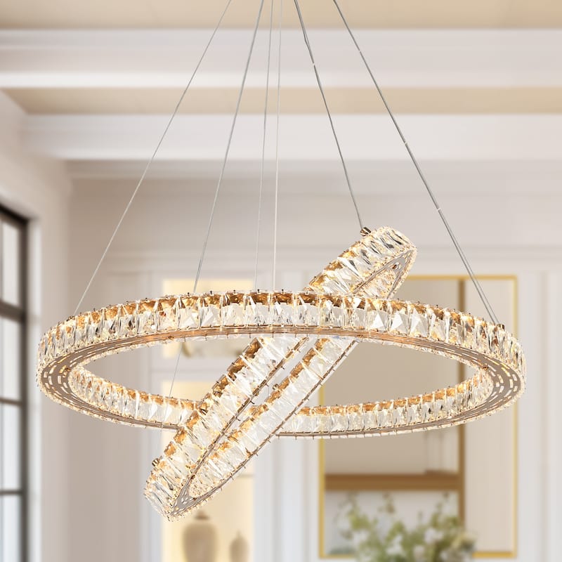 Modern LED Crystal Ring Chandelier 2-Tier Gold Wheel Light for Dining Living Room - 30.3" Dia. x 1.6" H
