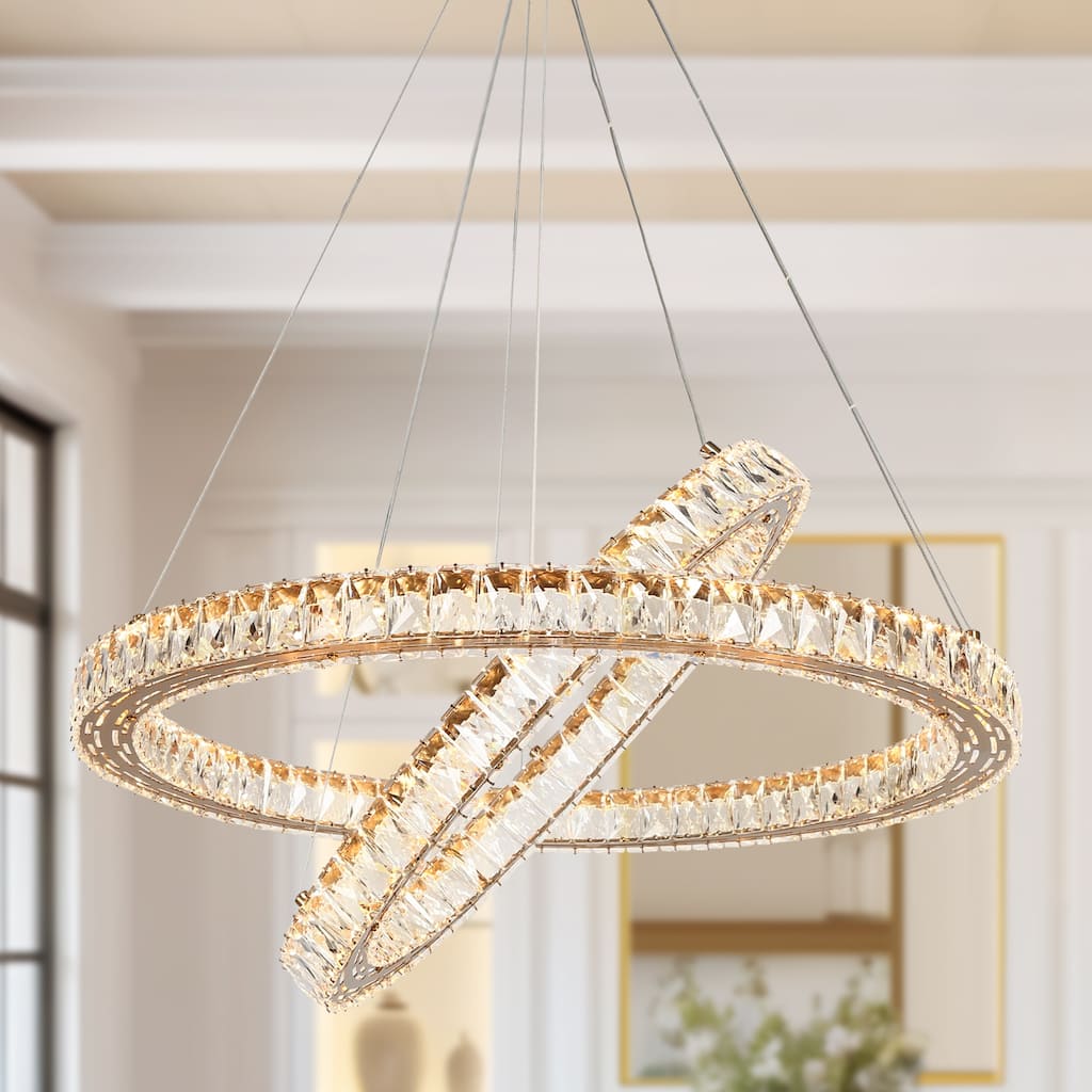 Modern LED Crystal Ring Chandelier 2-Tier Gold Wheel Light for Dining Living Room - 30.3" Dia. x 1.6" H