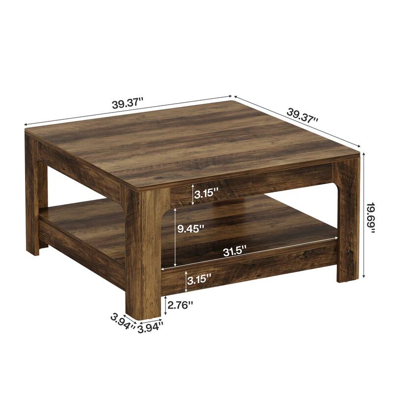 Farmhouse Wooden Square Coffee Table with 2-Tier Storage