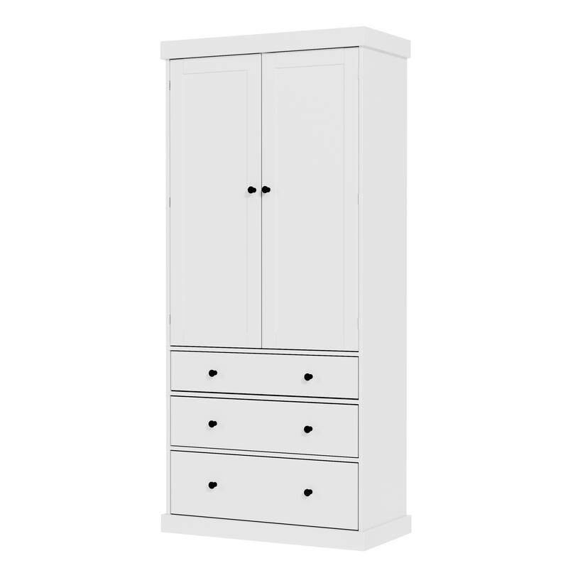 Kitchen Pantry Cabinet with 8 Doors Shelves, Wood Storage Cabinet with 3 Storage Drawers, Cupboard with Adjustable Shelves