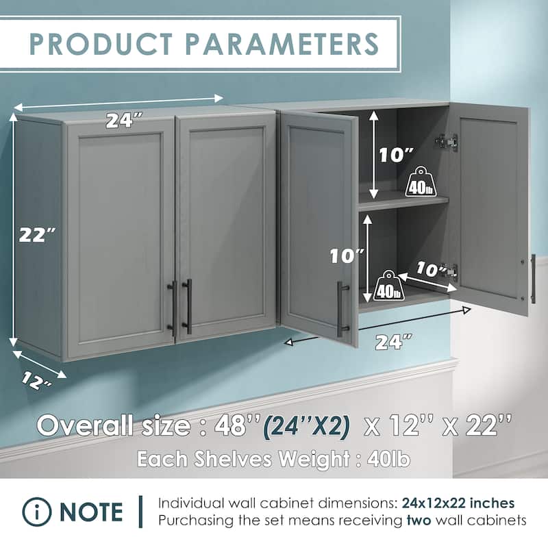 Shaker Style Wall Storage Cabinet with 2 Doors and Shelf Set of 2