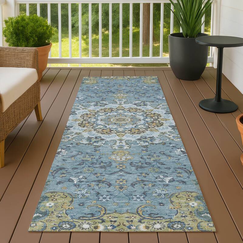 Machine Washable Indoor/ Outdoor Traditional Awaka Chantille Rug - Teal - 2'3" x 7'6"
