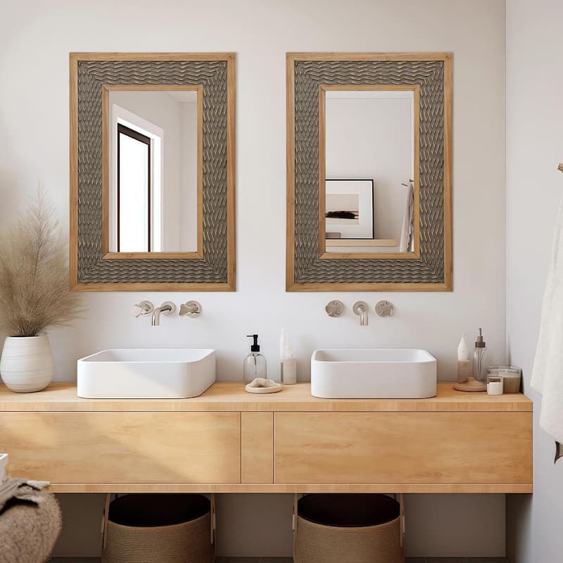 Rustic Farmhouse Wall Mirror, Natural Wood Decorative Vanity Mirror for Bedroom, Living Room, Bathroom, Entryway
