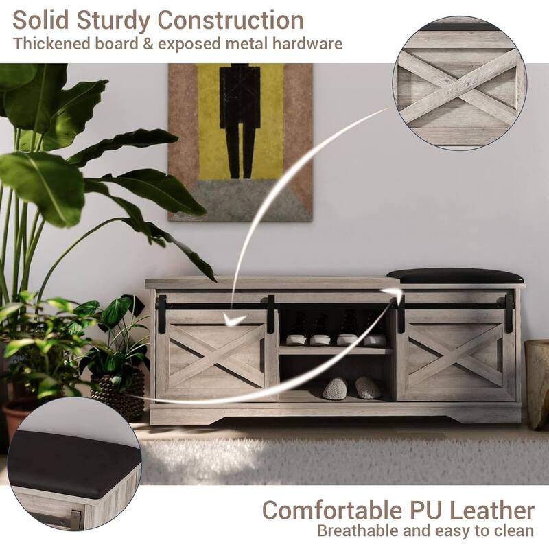 47" Farmhouse Entryway Shoe Bench with Thickened Cushion