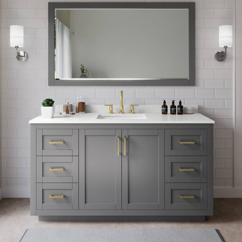 Wyndham Collection WCF292966S-QTZ-US3MXX Miranda 66" Free Standing - Dark Gray / White Quartz Top / Brushed Gold