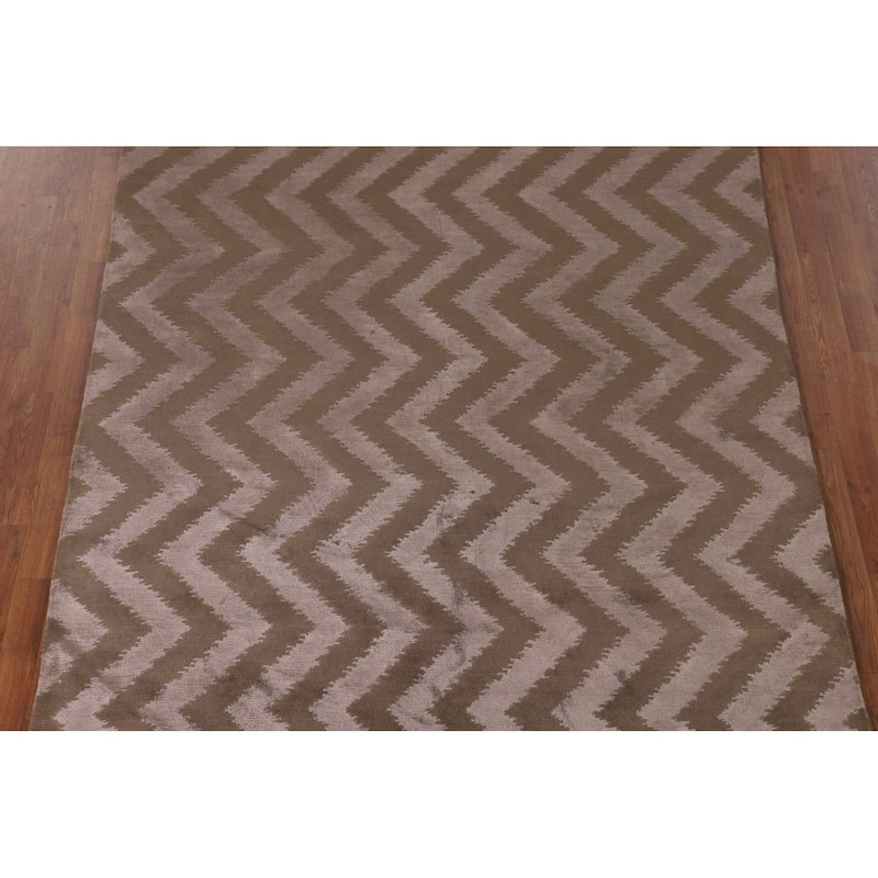 Brown Chevron Style Nepalese Oriental Rug Hand-Knotted Wool Carpet - 6'0" x 8'8"