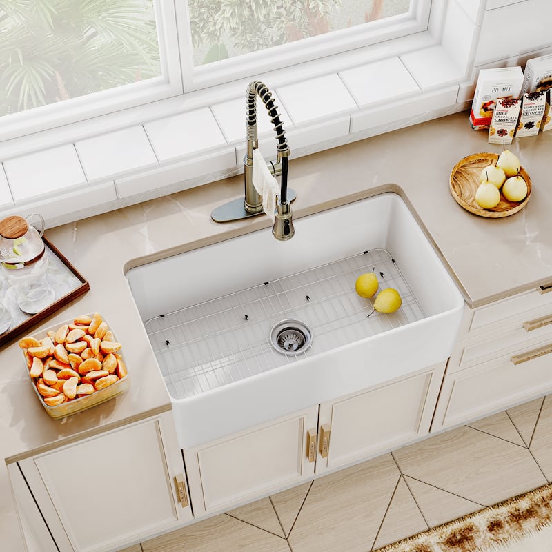 All-in-One Kit Fireclay Single Bowl Farmhouse/Apron-Front Kitchen Sink with Pull Down Sprayer Kitchen Faucet and Accessories - 30 x 18 - Sink + Brushed Nickel Pull Down Kitchen Faucet