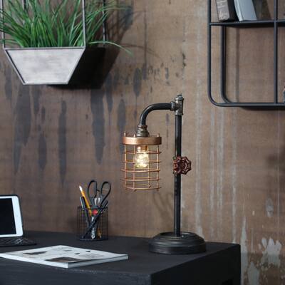 Industrial Style Metal Pipe Table Lamp, Bulb Included, Battery Operated, Black and Copper, 11 L x 6 W x 18 H - 11" x 6" x 18"