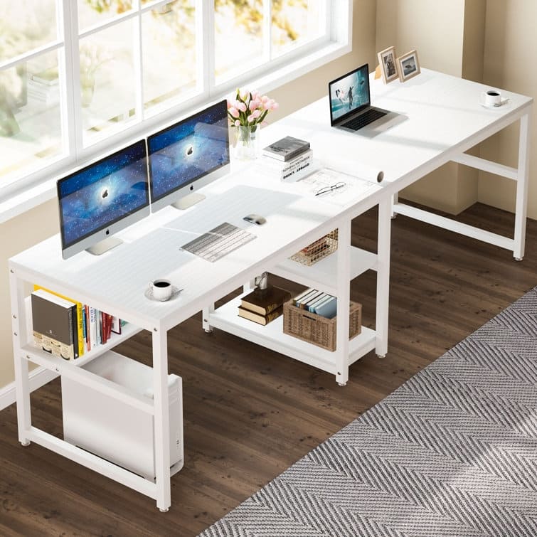 78.7" Two Person Desk with Bookshelf, Office Double Desk for Two Person
