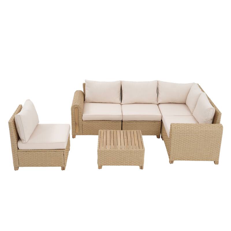 Outdoor Conversation Set L-Shaped Corner Sectional Sofa 6-Piece Patio Modular Sofa and Coffee Table PE Wicker Rattan Acacia Wood