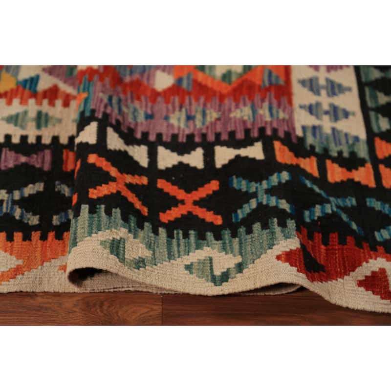 Geometric Kilim Area Rug Flatweave Oriental Orange Wool Carpet - 8'5"x 11'3"