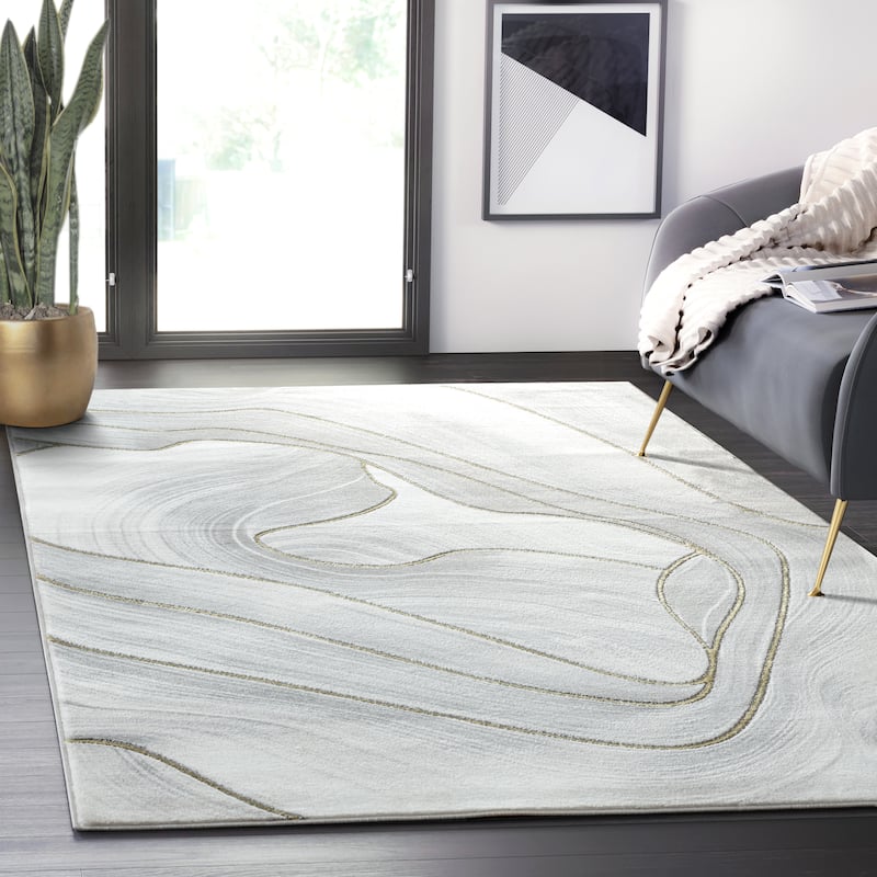 Abani Luna Contemporary Ribbon Grey Gold Metallic Area Rug - 5'3" x 7'6" - Grey