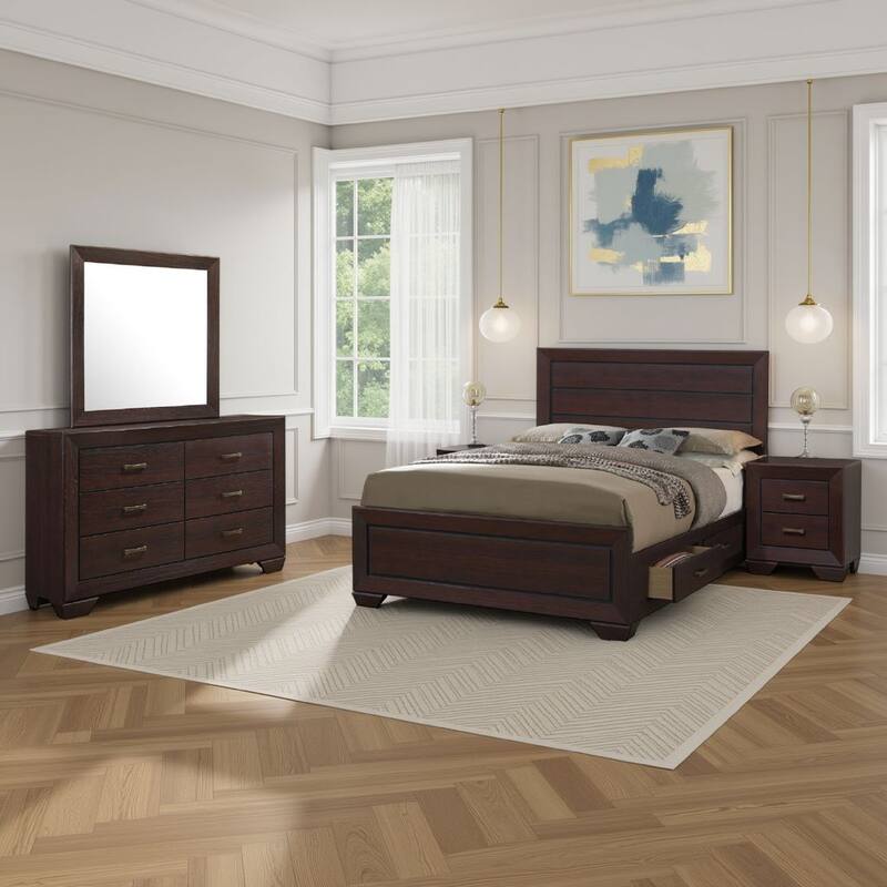 Bello 4pc Queen Size Bedroom Set, Underbed Drawers, Dark Cocoa Brown