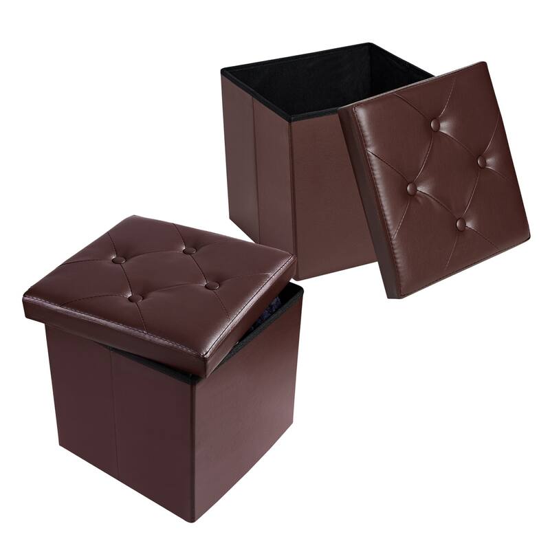 2 PC Storage Folding Ottoman, Storage Footrest Stool, Faux Leather Storage Bench Cube with Padded Seat for Small Space