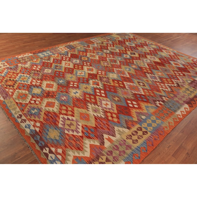 Orange Kilim Reversible Area Rug Hand-Woven Wool Carpet - 8'4"x 11'5"