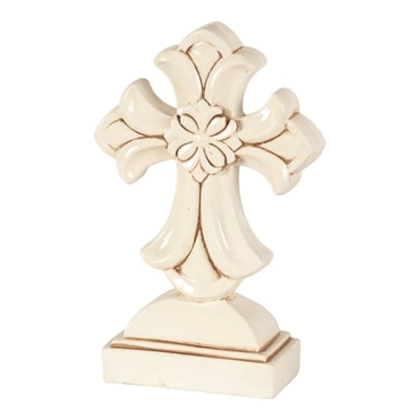 9.75" Antique White and Brown Floral Cross Shaped Tabletop Decor - N/A