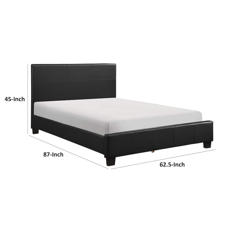 Renz Queen Size Platform Bed, Black Faux Leather Upholstery, Wood Frame