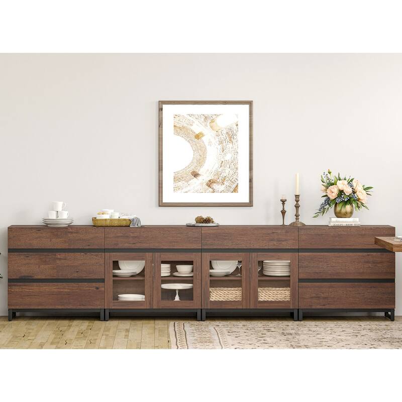 4 in 1 Sideboard with 8 Glass Doors & Drawers, Adjustable Shelf, Metal Base. Coffee Bar Storage for Living Room, Kitchen