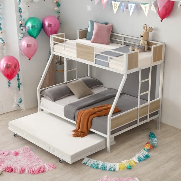 slide 2 of 12, Metal Twin Over Full Bunk Bed with Trundle and 2-Side Ladder and Full-Length Guardrail,Versatile Functionality White
