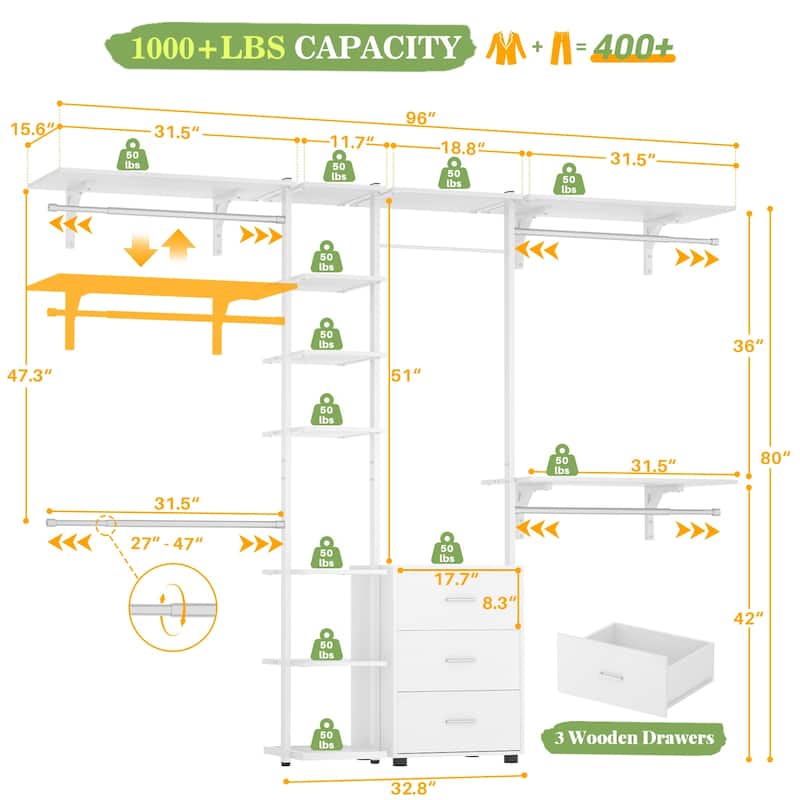 96'' Wide Heavy-duty Closet Organizer, Walk-in Closet System with Drawers and Tower Kit