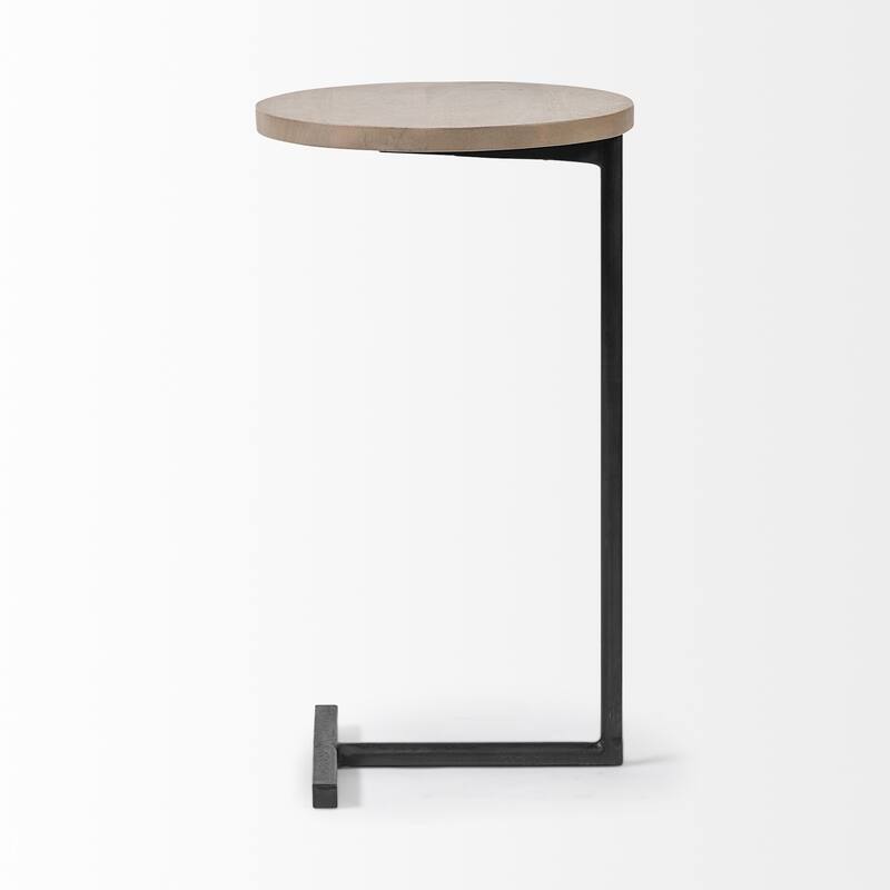 Brown Wood Round Top Accent Table with Black Iron Base
