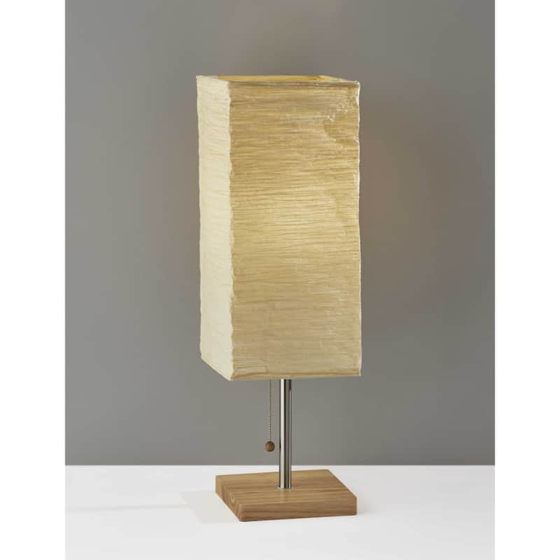 Solid Wood Base Table Lamp with Paper Square Shade and Pull Chain - 8” x 8” x 25” (D x W x H)