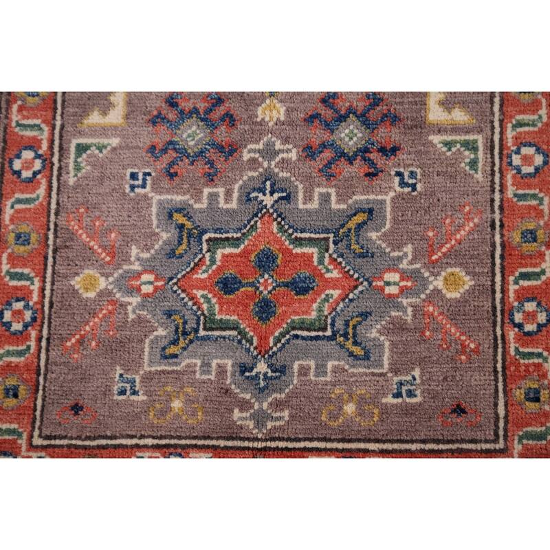 Geometric Brown Kazak Foyer Rug Hand-Knotted Wool Carpet - 2'9" x 4'1"