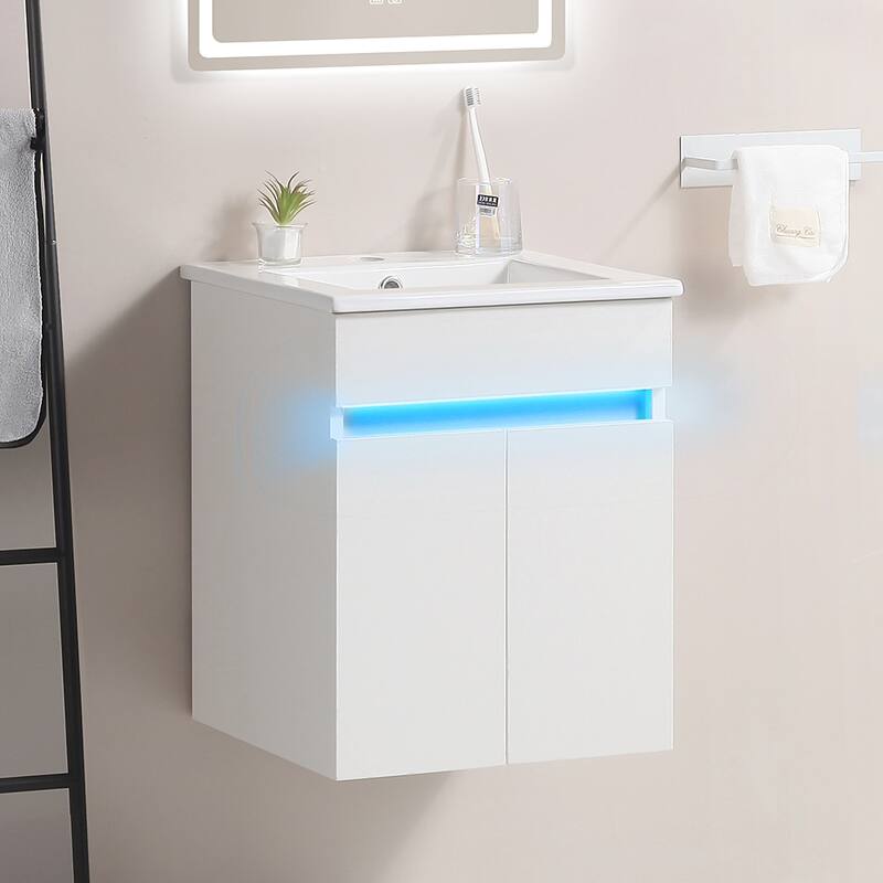 Modern 16" White Bathroom Vanity with Sink, Compact Cabinet with Radar Light, Wall-Mount or Freestanding Design - 16in L Solid Wood - 16in L White