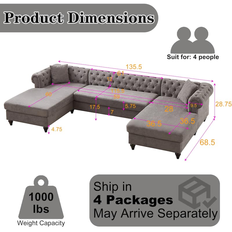 Chenille U-Shaped 5-Seater Sofa with Pull Point Design and Wooden Legs